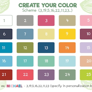 May include: A colour palette chart with 25 different colour swatches. The chart is labelled "Create Your Color" and includes the text "Scheme (3,19,5,16,22,11,23..)". The chart is numbered 1 through 25. The text "for ex: MICHAEL - 3,19,5,16,22,11,23 (specify in personalisation box)" is at the bottom of the chart.