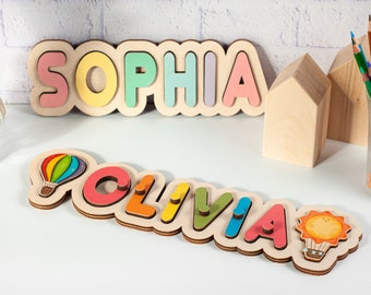 Houten naampuzzel, gepersonaliseerd speelgoed voor baby, nieuw babycadeau, aangepast babyshowercadeau, peuterspeelgoed, kindernaampuzzel, baby- en peuterspeelgoed