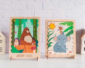 Wooden Animal Puzzle, Montessori Jigsaw, Toddler Educational Toy, Birch Wood, Ages 2+