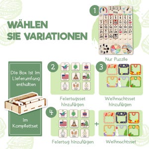 May include: A wooden box with a calendar, holiday, and Christmas themed tiles. The box is labeled "W&Auml;HLEN SIE VARIATIONEN". The calendar is for May 2023. The tiles are labeled "Feiertagsset hinzuf&uuml;gen", "Feiertag hinzuf&uuml;gen", "Weihnachtsset hinzuf&uuml;gen", and "Weihnachtsset".
