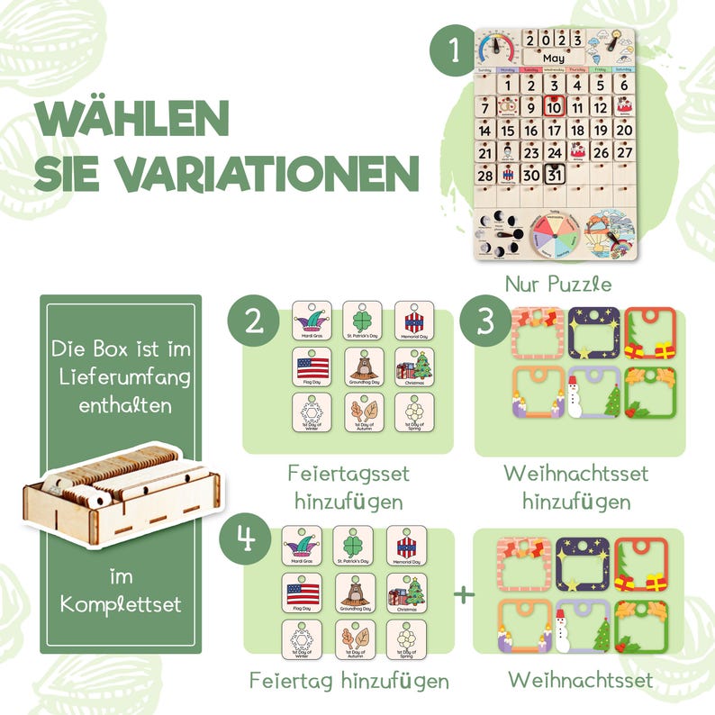 May include: A wooden box with a calendar, holiday, and Christmas themed tiles. The box is labeled "W&Auml;HLEN SIE VARIATIONEN". The calendar is for May 2023. The tiles are labeled "Feiertagsset hinzuf&uuml;gen", "Feiertag hinzuf&uuml;gen", "Weihnachtsset hinzuf&uuml;gen", and "Weihnachtsset".
