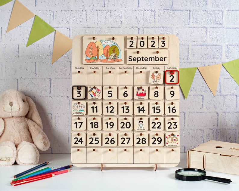 Wooden calendar for kids, Montessori calendar, Kids Calendar, Holiday decor, Waldorf calendar, Toddler gifts image 1