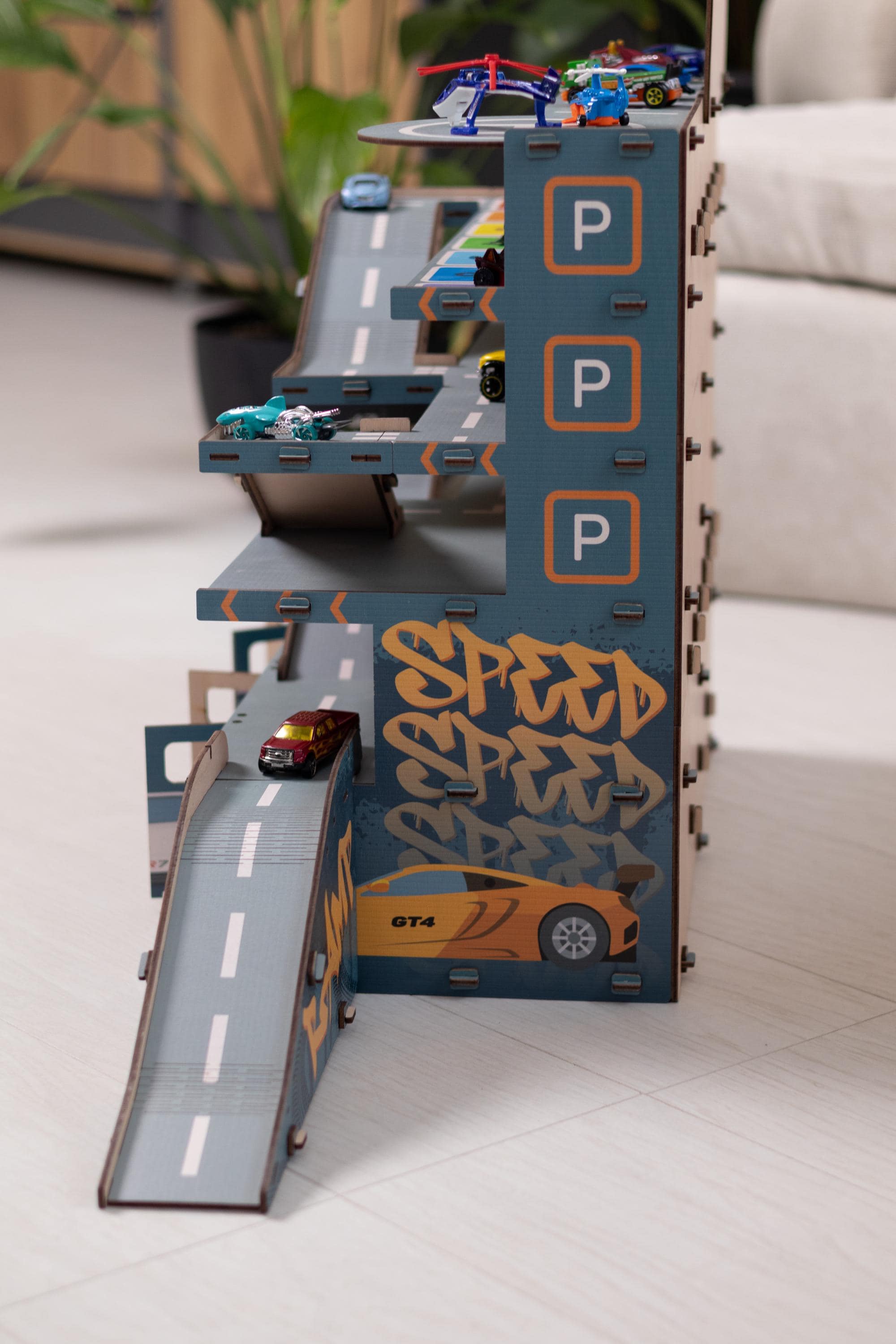 Wooden Parking Garage for Toddlers, Jumping Ramp, Toy Car Storage ...