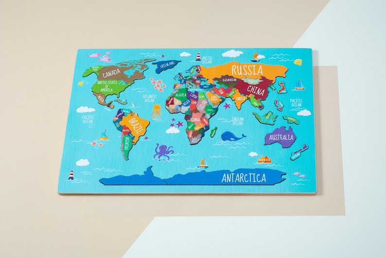 Back to School Gift - Wooden World Map Puzzle, Montessori Geography Toy for Kids image 3