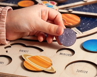 Learning Solar System Puzzle for Toddlers, Montessori Toys, Wooden Space Busy Board, Gifts for Kids