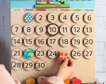 Handcrafted Wooden Montessori Calendar 2026, Magnetic Daily Visual Schedule, Kids Learning Time Tool