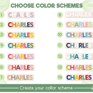 May include: A chart displaying 14 different colour schemes for the name "CHARLES" written in a playful font. Each colour scheme is numbered 1 through 14. The chart is surrounded by a green border with leaf designs.