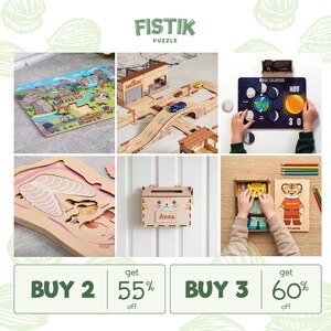 Puede incluir: Una colecci&oacute;n de juguetes educativos de madera FISTIK PUZZLE que incluye un rompecabezas de paisaje de Yosemite, un set de pista de carretera de madera, un calendario lunar, un rompecabezas de anatom&iacute;a humana, un buz&oacute;n personalizado y un rompecabezas de tigre.