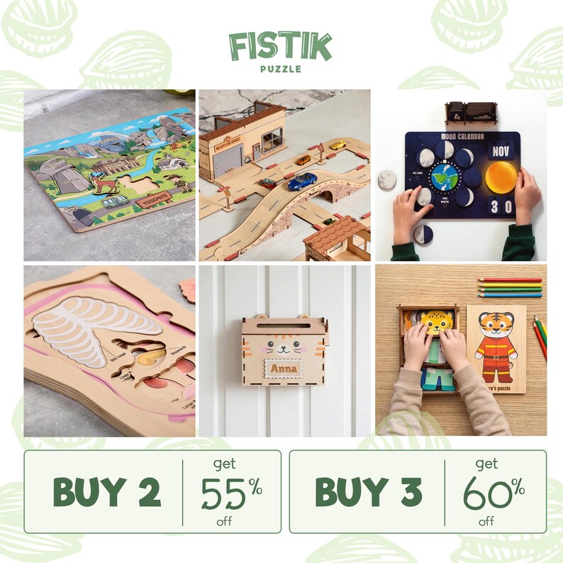 Puede incluir: Una colecci&oacute;n de juguetes educativos de madera FISTIK PUZZLE que incluye un rompecabezas de paisaje de Yosemite, un set de pista de carretera de madera, un calendario lunar, un rompecabezas de anatom&iacute;a humana, un buz&oacute;n personalizado y un rompecabezas de tigre.