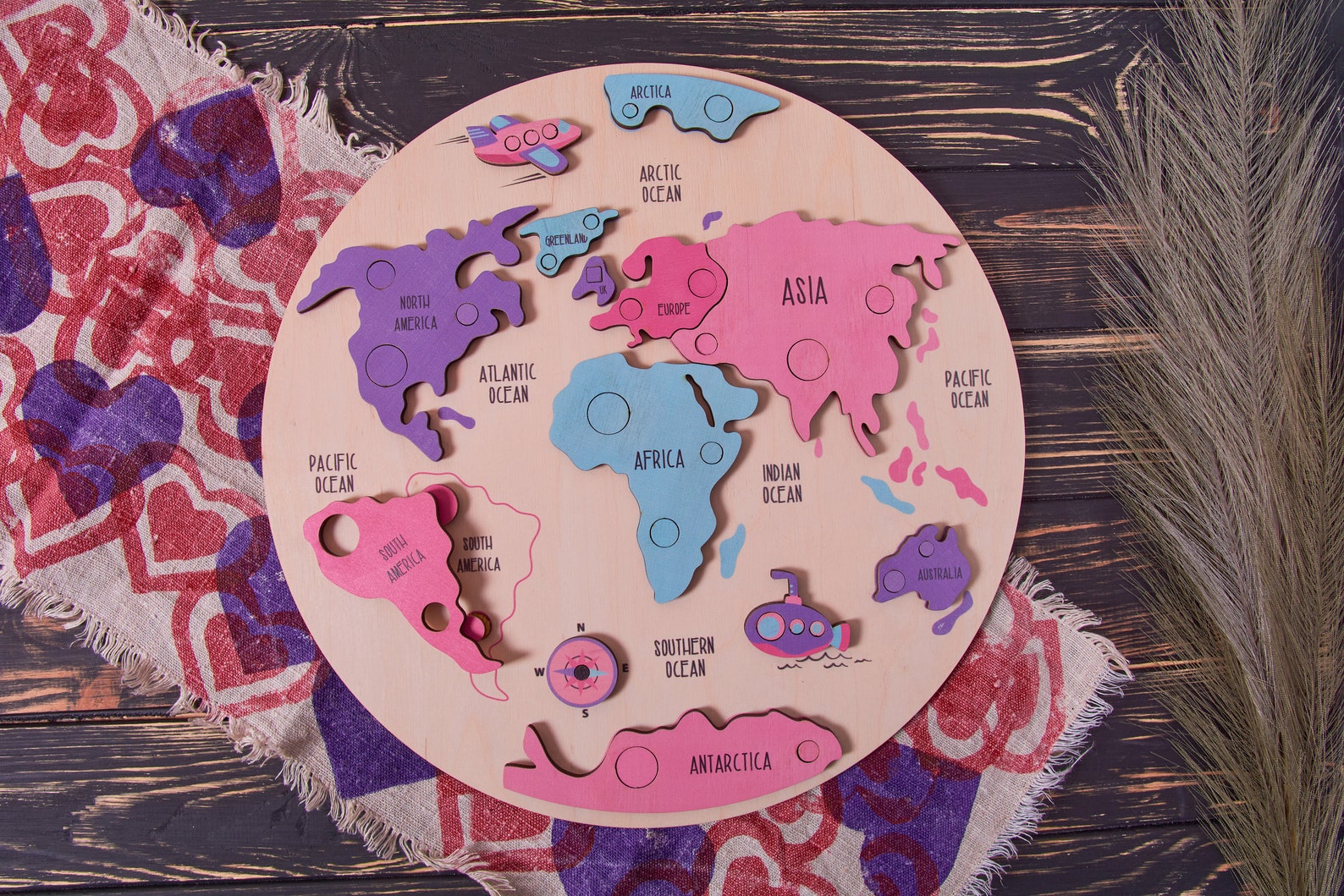 Kids World Map Wooden Toys Montessori Puzzle Wooden World Etsy