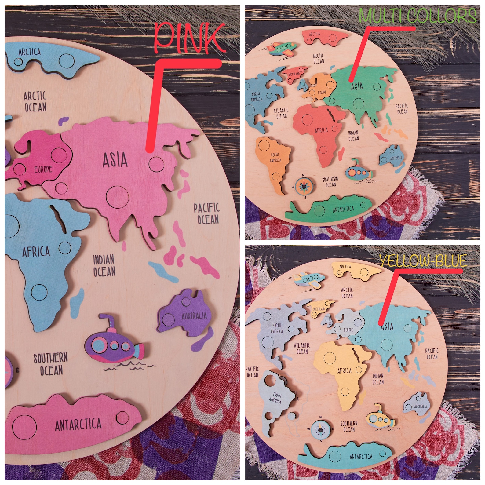 Kids World Map Wooden Toys Montessori Puzzle Wooden World Etsy