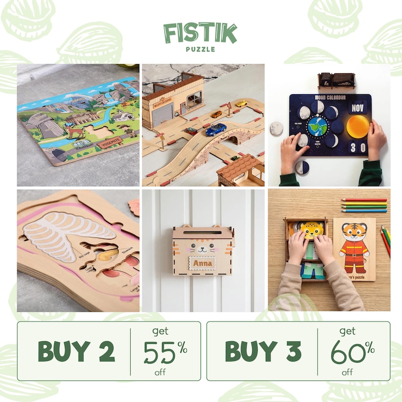 May include: A collection of FISTIK PUZZLE wooden educational toys including a Yosemite landscape puzzle, a wooden road track set, a moon calendar, a human anatomy puzzle, a personalized cat-shaped mailbox, and a tiger dress-up puzzle set.