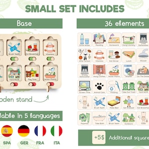 May include: A wooden puzzle board with 36 colorful illustrated squares depicting daily routines and activities. The board is labeled "Small Set Includes" and features a wooden stand. The squares are arranged in a grid and include images such as drinking water, reading, homework, hanging laundry, loading the dishwasher, cleaning, brushing teeth, eating breakfast, taking vitamins, after school, eating dinner, lunch, showering, playing time, doing the dishes, picking up toys, screen time, animal care, flossing, taking out the trash, yard work, folding laundry, making the bed, getting dressed, eating breakfast, and brushing hair. The board is available in five languages: English, Spanish, German, French, and Italian. The text "+5$ Additional square" is also visible.