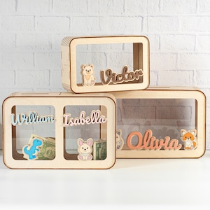 Alcancía para niños, hucha de madera, hucha personalizada para niños pequeños, regalo para niños, alcancía con nombre, caja de dinero para niños, regalo de cumpleaños para bebés