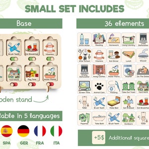 K&ouml;nnte beinhalten: Ein Holzpuzzlebrett mit 36 bunten, illustrierten Quadraten, die t&auml;gliche Routinen und Aktivit&auml;ten darstellen. Das Brett ist mit "Small Set Includes" beschriftet und verf&uuml;gt &uuml;ber einen Holzst&auml;nder. Die Quadrate sind in einem Raster angeordnet und enthalten Bilder wie Wasser trinken, Lesen, Hausaufgaben machen, W&auml;sche aufh&auml;ngen, Geschirrsp&uuml;ler beladen, Putzen, Z&auml;hne putzen, Fr&uuml;hst&uuml;ck essen, Vitamine einnehmen, nach der Schule, Abendessen, Mittagessen, Duschen, Spielen, Geschirr sp&uuml;len, Spielzeug aufr&auml;umen, Bildschirmzeit, Tierpflege, Zahnseide, M&uuml;ll rausbringen, Gartenarbeit, W&auml;sche falten, Bett machen, Anziehen, Fr&uuml;hst&uuml;ck essen und Haare k&auml;mmen. Das Brett ist in f&uuml;nf Sprachen verf&uuml;gbar: Englisch, Spanisch, Deutsch, Franz&ouml;sisch und Italienisch. Der Text "+5$ Additional square" ist ebenfalls sichtbar.