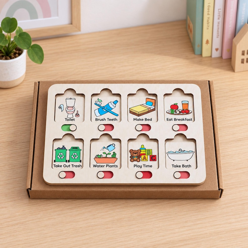 Puede incluir: Una tabla de tareas de madera clara con ocho ranuras rectangulares que incluyen ilustraciones coloridas y etiquetas de texto como Toilet, Brush Teeth, Make Bed, Eat Breakfast, Take Out Trash, Water Plants, Play Time y Take Bath.
