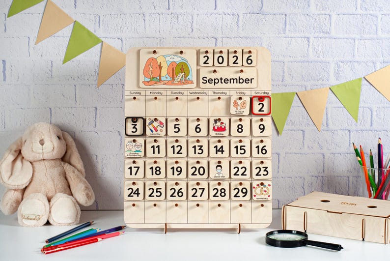 Montessori perpetual calendar for kids, Homeschool calendar, Toddler calendar, Kids desk or wall calendar, Learning toys, Preschool calendar image 12