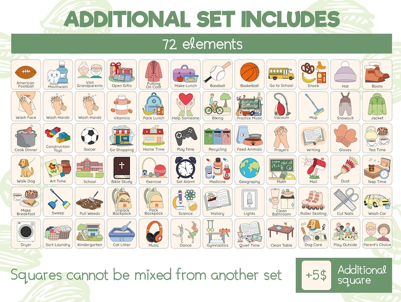 Puede incluir: Una colecci&oacute;n de 72 tarjetas de comunicaci&oacute;n visual cuadradas con coloridas ilustraciones de dibujos animados de actividades diarias, tareas y objetos. Cada tarjeta incluye una etiqueta de texto descriptiva en ingl&eacute;s, organizada en una cuadr&iacute;cula.