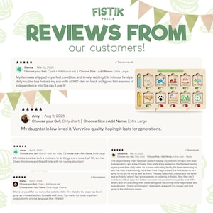 Puede incluir: Un gr&aacute;fico promocional titulado REVIEWS FROM our customers! que incluye el logotipo de FISTIK PUZZLE y cuatro rese&ntilde;as de clientes. A la derecha se muestra una tabla de responsabilidades de madera con diez iconos de tareas y deslizadores.