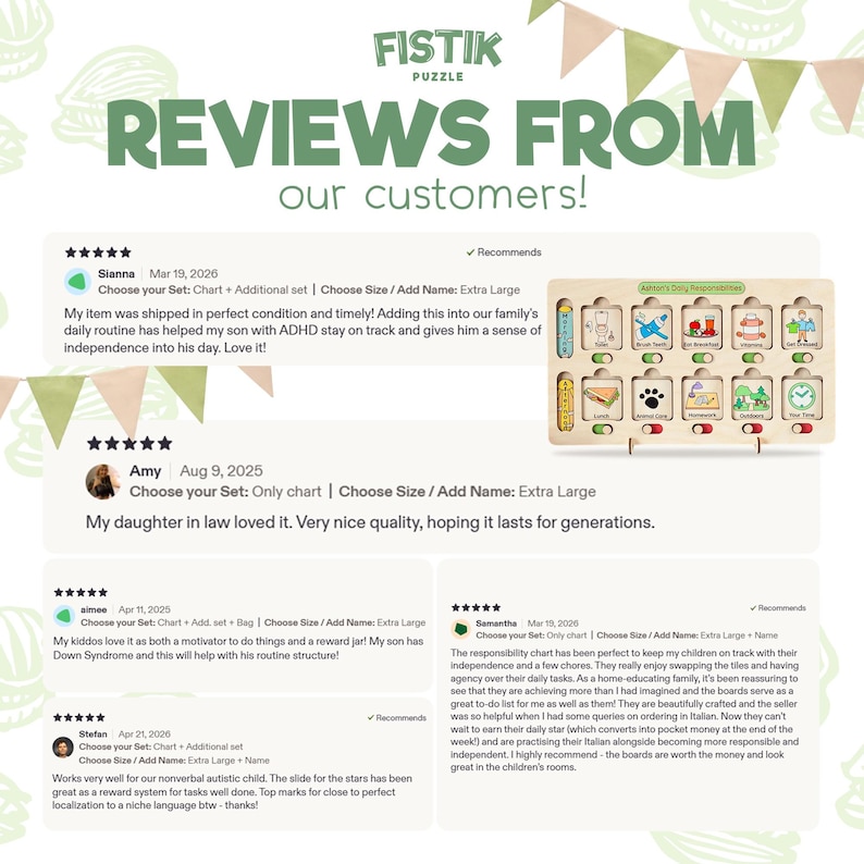 Puede incluir: Un gr&aacute;fico promocional titulado REVIEWS FROM our customers! que incluye el logotipo de FISTIK PUZZLE y cuatro rese&ntilde;as de clientes. A la derecha se muestra una tabla de responsabilidades de madera con diez iconos de tareas y deslizadores.