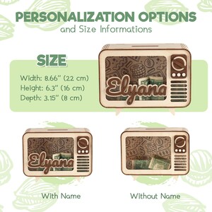 May include: A wooden television-shaped piggy bank with a coin slot on top. The front features a screen with a money-themed background, a dark brown dial, and speaker slats. Dimensions are 8.66 inches wide, 6.3 inches high, and 3.15 inches deep.