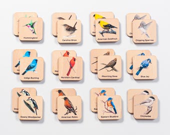 Birds matching cards, Montessori flashcards with birds, Gift for toddler, Wooden memory game, Toddler activity toys, Educational toys