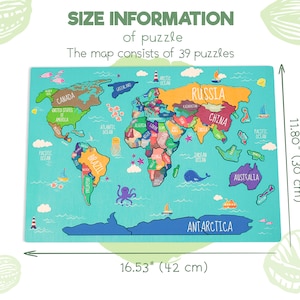 Back to School Gift - Wooden World Map Puzzle, Montessori Geography Toy for Kids image 5