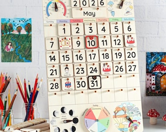 Handmade Montessori Calendar, Perpetual Wooden Wall or Desk Calendar