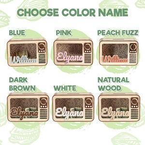 May include: Six wooden piggy banks shaped like vintage televisions, each featuring a clear front panel, a side dial, and a speaker grille. The names William or Elyana are displayed in blue, pink, peach, dark brown, white, or natural wood colors.