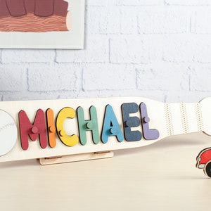 Boy Name Puzzle, Baseball Name Puzzle With Pegs, 3rd Birthday Gift, Baseball Nursery Decor, Toddler Toy, Girl Name Sign Montessori image 5