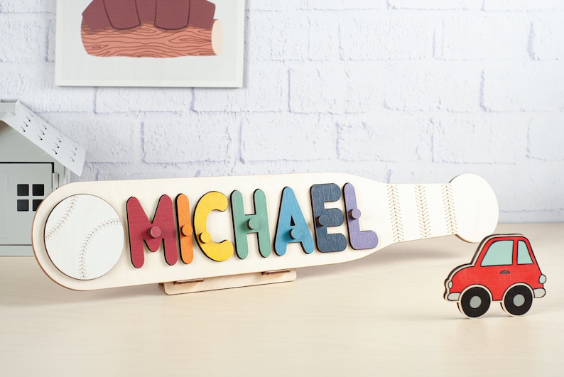 Boy Name Puzzle, Baseball Name Puzzle With Pegs, 3rd Birthday Gift, Baseball Nursery Decor, Toddler Toy, Girl Name Sign Montessori image 5