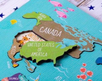 Kids Puzzle - World Map Puzzle, Educational Toy, Wooden Puzzle, Map Puzzle Wooden, Animal World Map, Montessori Toys, Gift for Children