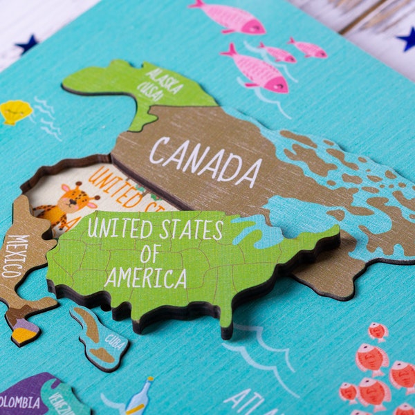 Kids Puzzle - World Map Puzzle, Educational Toy, Wooden Puzzle, Map Puzzle Wooden, Animal World Map, Montessori Toys, Gift for Children