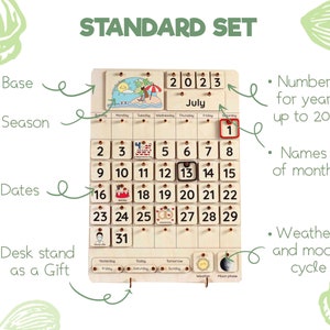 May include: Wooden perpetual calendar with the text "STANDARD SET". The calendar includes the months, dates, and days of the week. It also features a weather and moon cycle indicator, and numbers for years up to 2054.