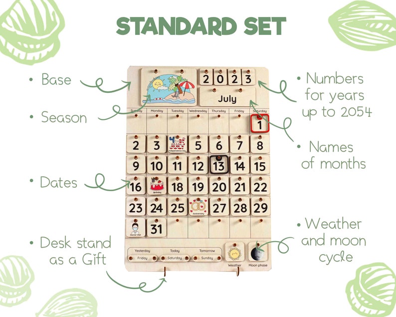 May include: Wooden perpetual calendar with the text "STANDARD SET". The calendar includes the months, dates, and days of the week. It also features a weather and moon cycle indicator, and numbers for years up to 2054.