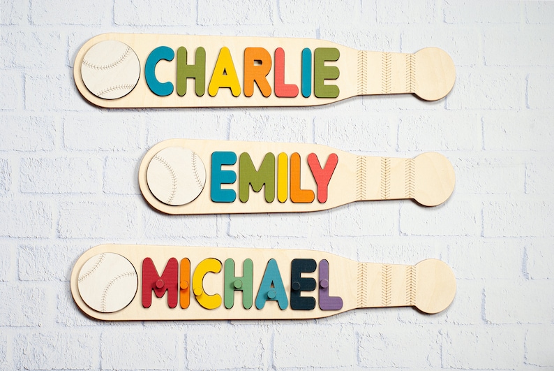 Boy Name Puzzle, Baseball Name Puzzle With Pegs, 3rd Birthday Gift, Baseball Nursery Decor, Toddler Toy, Girl Name Sign Montessori image 2