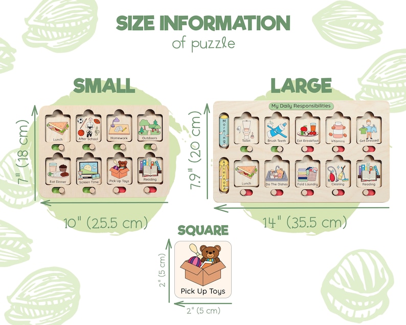 May include: A visual guide showing the different sizes of a wooden puzzle for kids. The puzzle is available in small, large, and square sizes. The small puzzle measures 7 inches by 10 inches, the large puzzle measures 7.9 inches by 14 inches, and the square puzzle measures 2 inches by 2 inches. The puzzle pieces feature various activities and responsibilities for children, such as eating dinner, picking up toys, and brushing teeth.