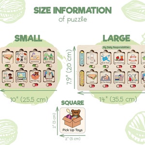 Puede incluir: Un conjunto de rompecabezas de madera para tareas diarias con tableros peque&ntilde;os, grandes y cuadrados con iconos. El tablero peque&ntilde;o mide 18 cm por 25,5 cm, el grande 20 cm por 35,5 cm y el cuadrado 5 cm por 5 cm.
