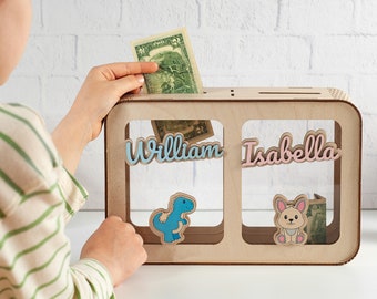 Wooden Piggy Bank for Kids, Personalized Name Coin Box, Gift 4 Years Old