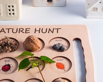Handcrafted Wooden Nature Hunt Board, Montessori Scavenger Game, Outdoor Exploration Tray, Bug Finder Gift
