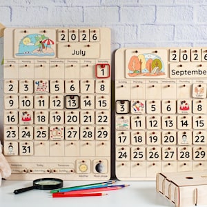 Kalendarz Montessori dla dzieci, Drewniany kalendarz dla maluchów, Kalendarz ścienny na biurko, Pory roku, miesiące i dni tygodnia, Drewniany kalendarz edukacyjny zdjęcie 11