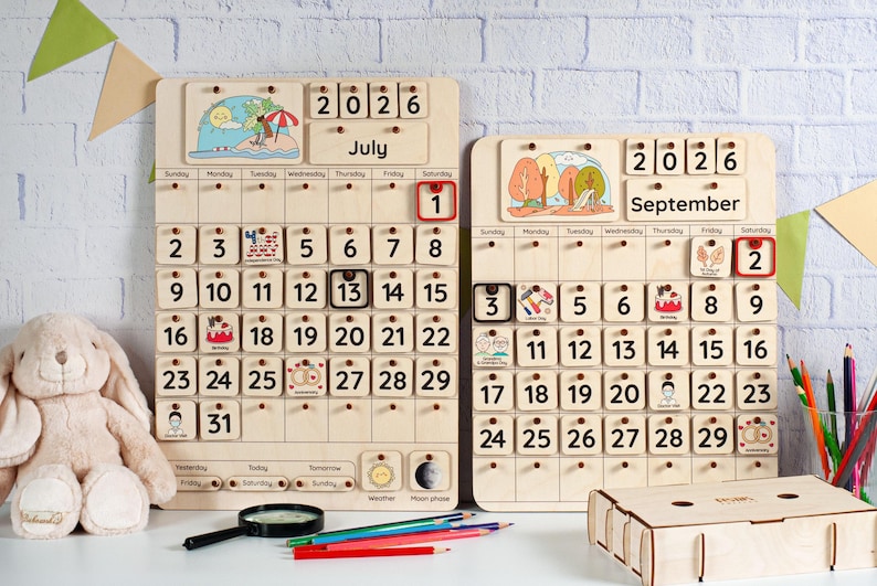 Kalendarz Montessori dla dzieci, Drewniany kalendarz dla maluchów, Kalendarz ścienny na biurko, Pory roku, miesiące i dni tygodnia, Drewniany kalendarz edukacyjny zdjęcie 11
