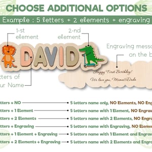 May include: A wooden name puzzle featuring the name "DAVID" in colourful letters. The puzzle includes two decorative elements: a lion and a crocodile riding a scooter. The image shows options for personalising the puzzle with different combinations of letters, elements, and engraving.