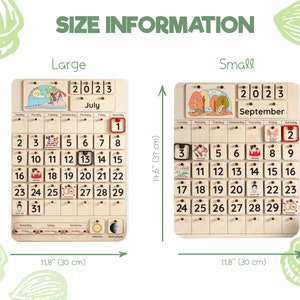 May include: Wooden perpetual calendars, one large (16.9" x 11.8") and one small (14.6" x 11.8"), feature months, dates, and weather indicators. The large calendar shows July 2023, and the small calendar shows September 2023. The text "SIZE INFORMATION" is at the top.
