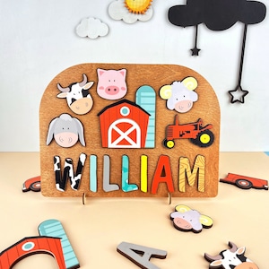 Gepersonaliseerde naampuzzel boerderijdieren, houten montessorispeelgoed