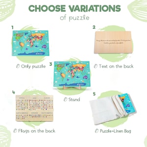 May include: A wooden world map puzzle with colorful illustrations of animals and continents. The puzzle is shown in five different variations: only the puzzle, with a stand, with a linen bag, with a text on the back, and with flags on the back.
