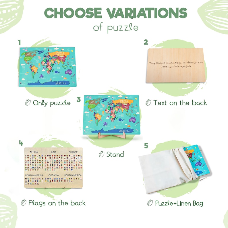 May include: A wooden world map puzzle with colorful illustrations of animals and continents. The puzzle is shown in five different variations: only the puzzle, with a stand, with a linen bag, with a text on the back, and with flags on the back.