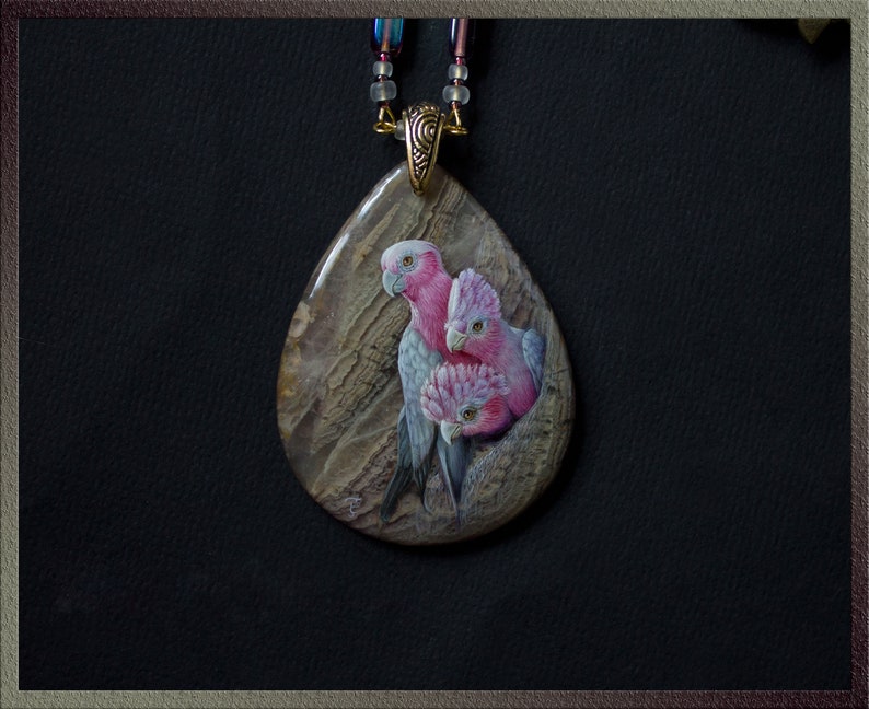 Fluorite necklace Lacquer miniature Parrot necklace Large stone teardrop necklace Painted bird pendant OOAK gift