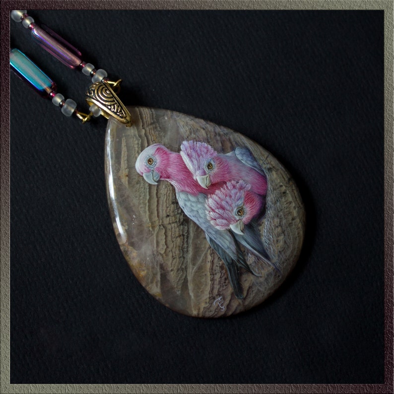 Fluorite necklace Lacquer miniature Parrot necklace Large stone teardrop necklace Painted bird pendant OOAK gift