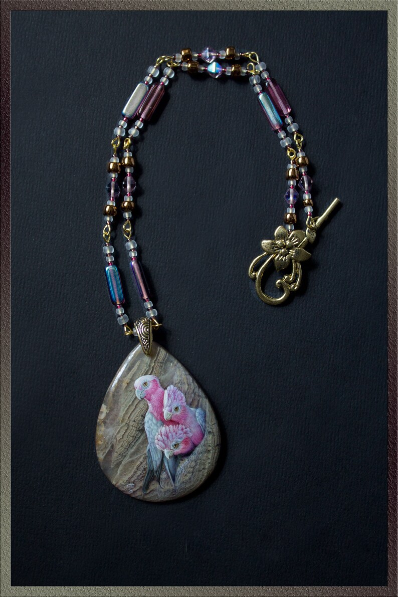 Fluorite necklace Lacquer miniature Parrot necklace Large stone teardrop necklace Painted bird pendant OOAK gift